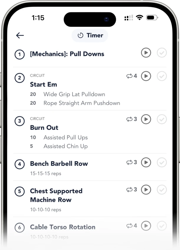 a fighter workout in the app: mechanics pull downs, the start em circuit, burn out, bench barbell row, chest supported machine row.