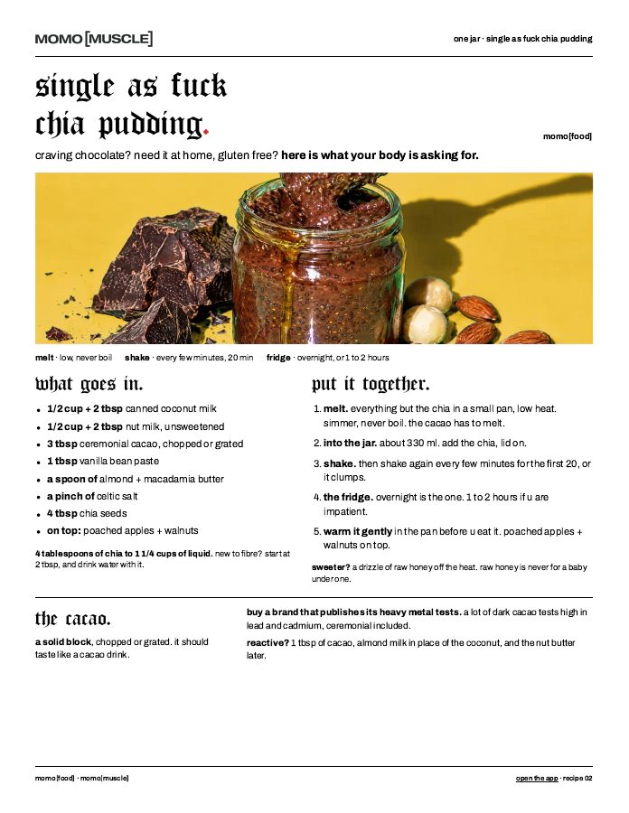 the single af chia pudding page from the recipe book.